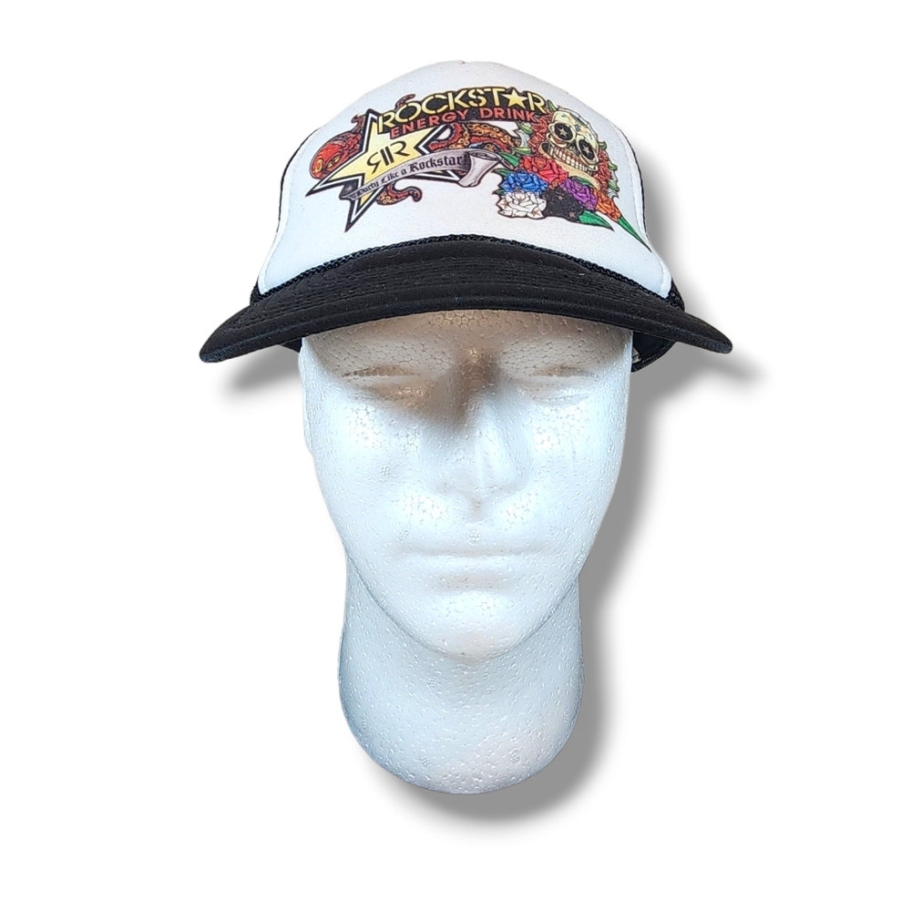 ROCKSTAR NISSUN BLACK & WHITE SNAPBACK TRUCKER CAP WITH SKULL & ROSES 1 SIZE